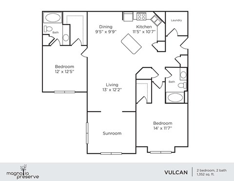 Floor plan for 2 beds, 2 baths, 1352 sqft